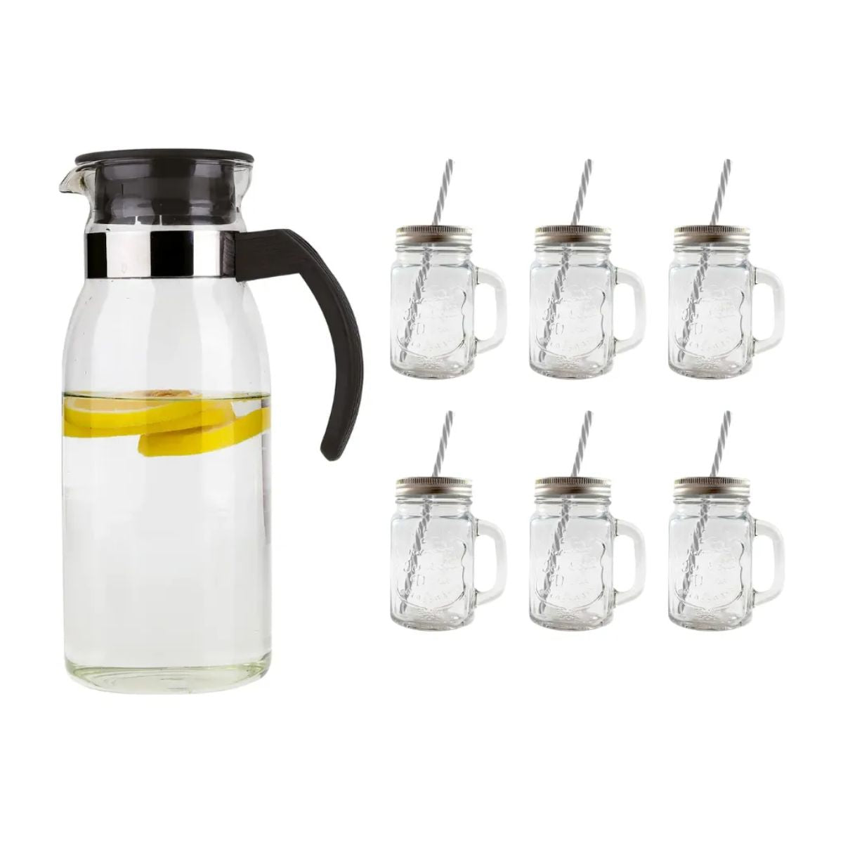 Juego 6 Tarros Mason Jar Asa Tapa + Jarra Vidrio Aurora 1l Transparente