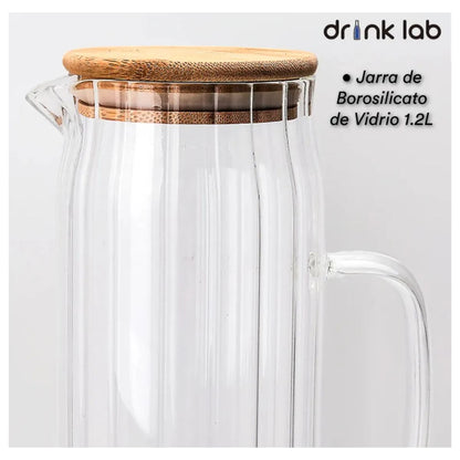 Juego 6 Tarros Mason Jar Asa Tapa + Jarra Cairo Tapa Bambu Transparente