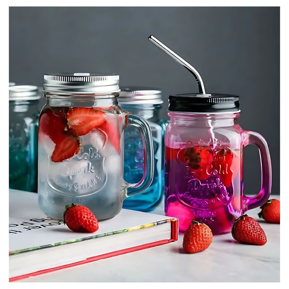 Juego 6 Tarros Mason Jar Asa Tapa + Jarra Cairo Tapa Bambu Transparente