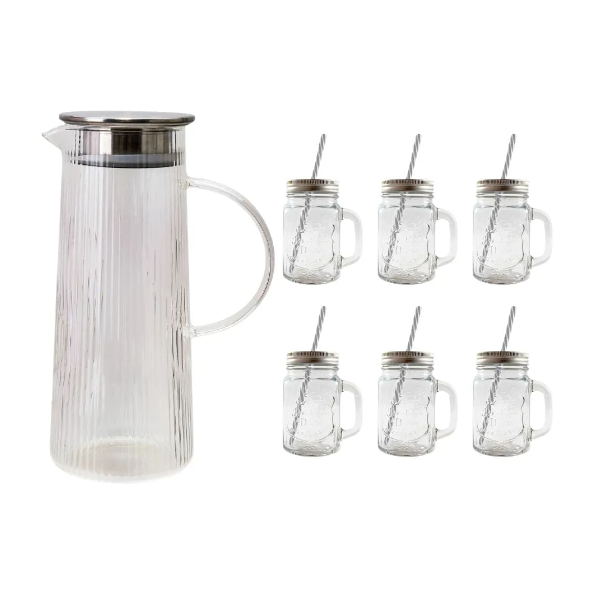 Juego 6 Tarros Mason Jar Asa Tapa + Jarra Vidrio Giza 1.3l Transparente