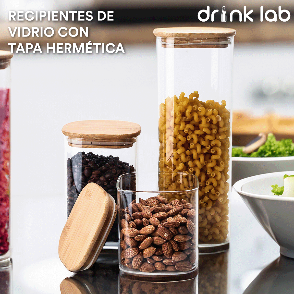 3 Recipientes Hermetico Vidrio Tapa Bambu - Drink Lab