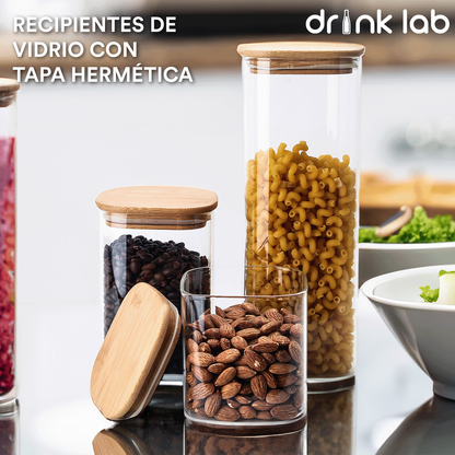 3 Recipientes Hermetico Vidrio Tapa Bambu - Drink Lab