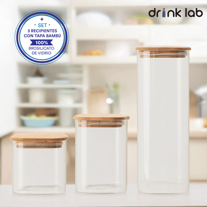 3 Recipientes Hermetico Vidrio Tapa Bambu - Drink Lab
