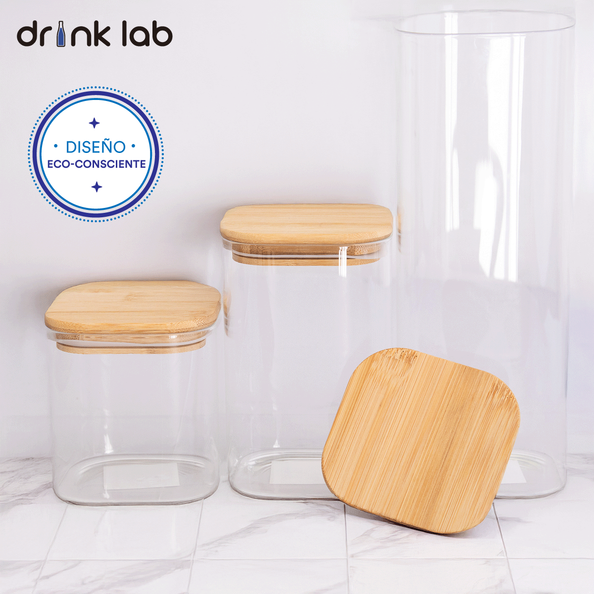 3 Recipientes Hermetico Vidrio Tapa Bambu - Drink Lab