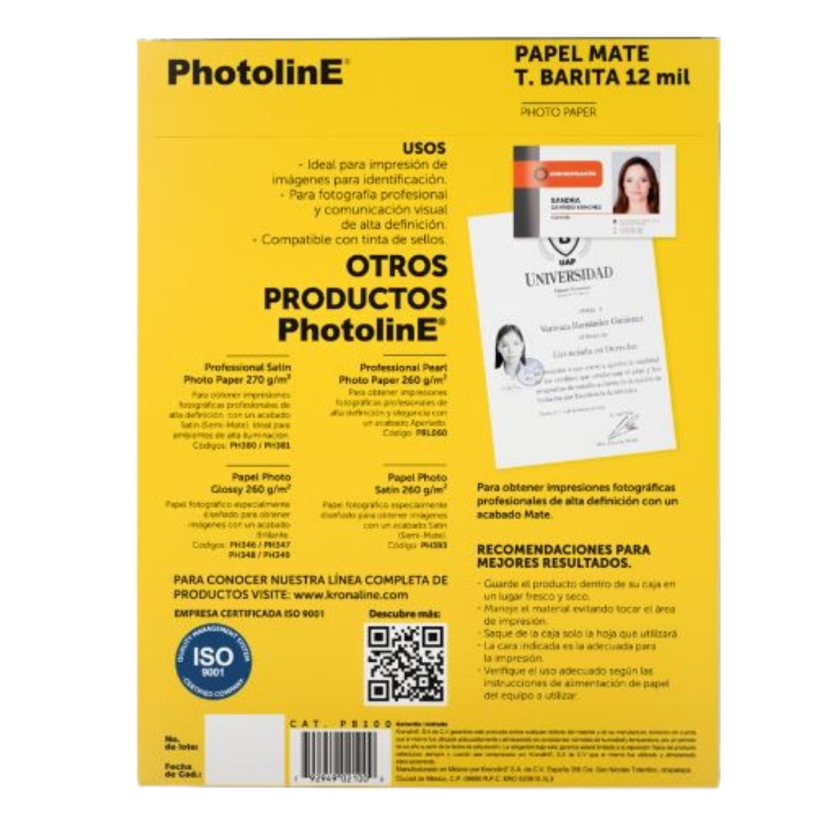 500 Hojas Papel Fotografico Mate Barita Kronaline Pb100-b