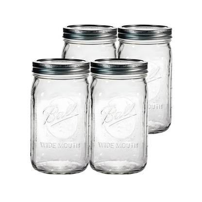 Frasco Vidrio Mason Jar Ball 32 Oz Boca Ancha Original 4 Pz Transparente
