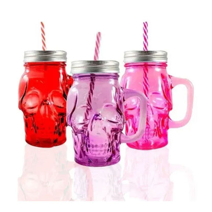 3pz Tarros Calavera Vaso Frasco Vidrio Mason Jars Cerveza Color Rosa, Rojo y Morado