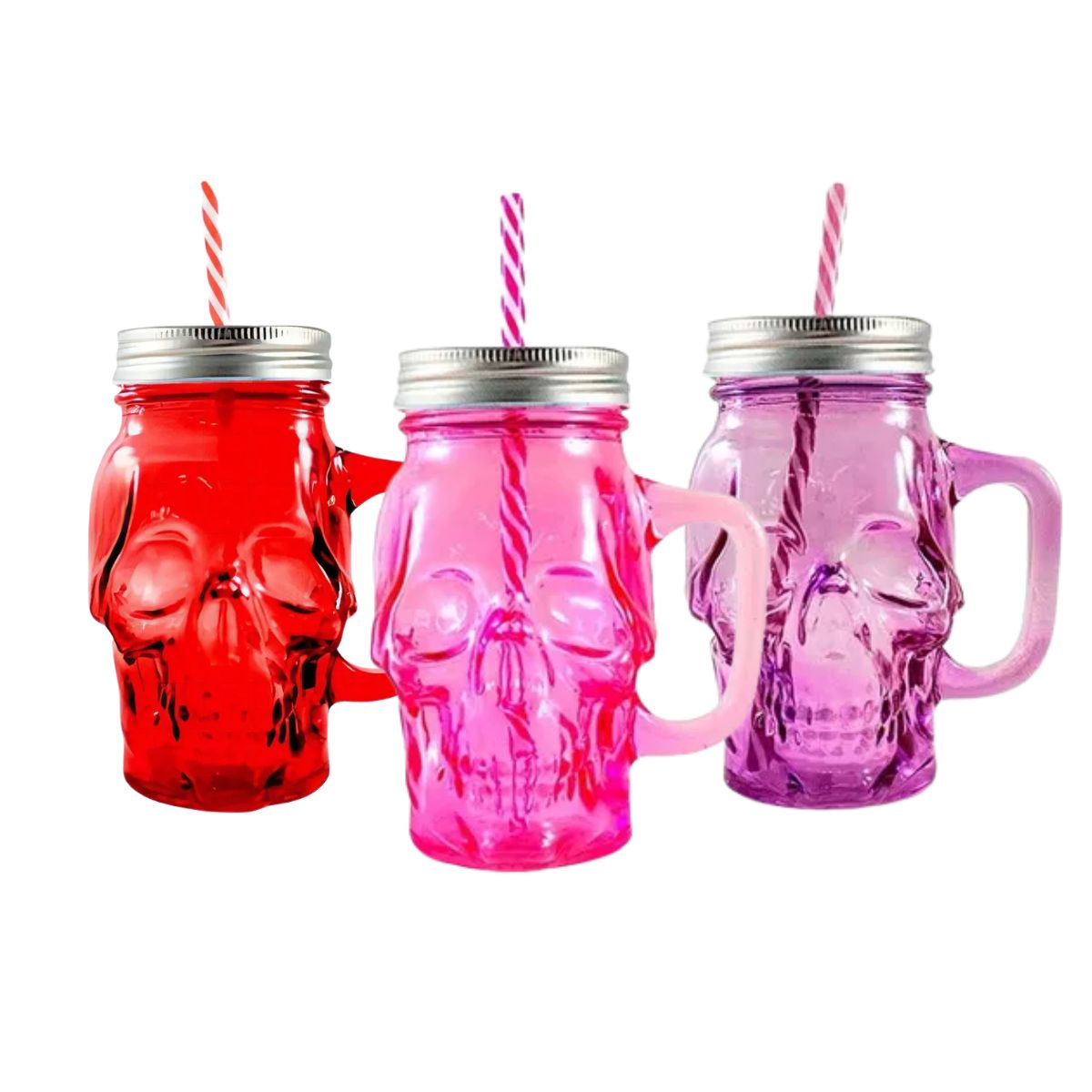 3pz Tarros Calavera Vaso Frasco Vidrio Mason Jars Cerveza Color Rosa, Rojo y Morado
