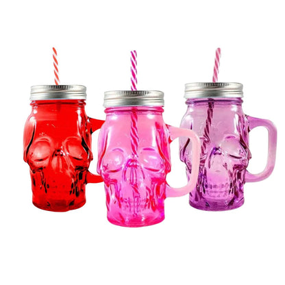 3pz Tarros Calavera Vaso Frasco Vidrio Mason Jars Cerveza Color Rosa, Rojo y Morado