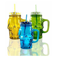 3pz Tarros Calavera Vaso Frasco Vidrio Mason Jars Cerveza Color Mix Color Azul, Amarillo y Verde