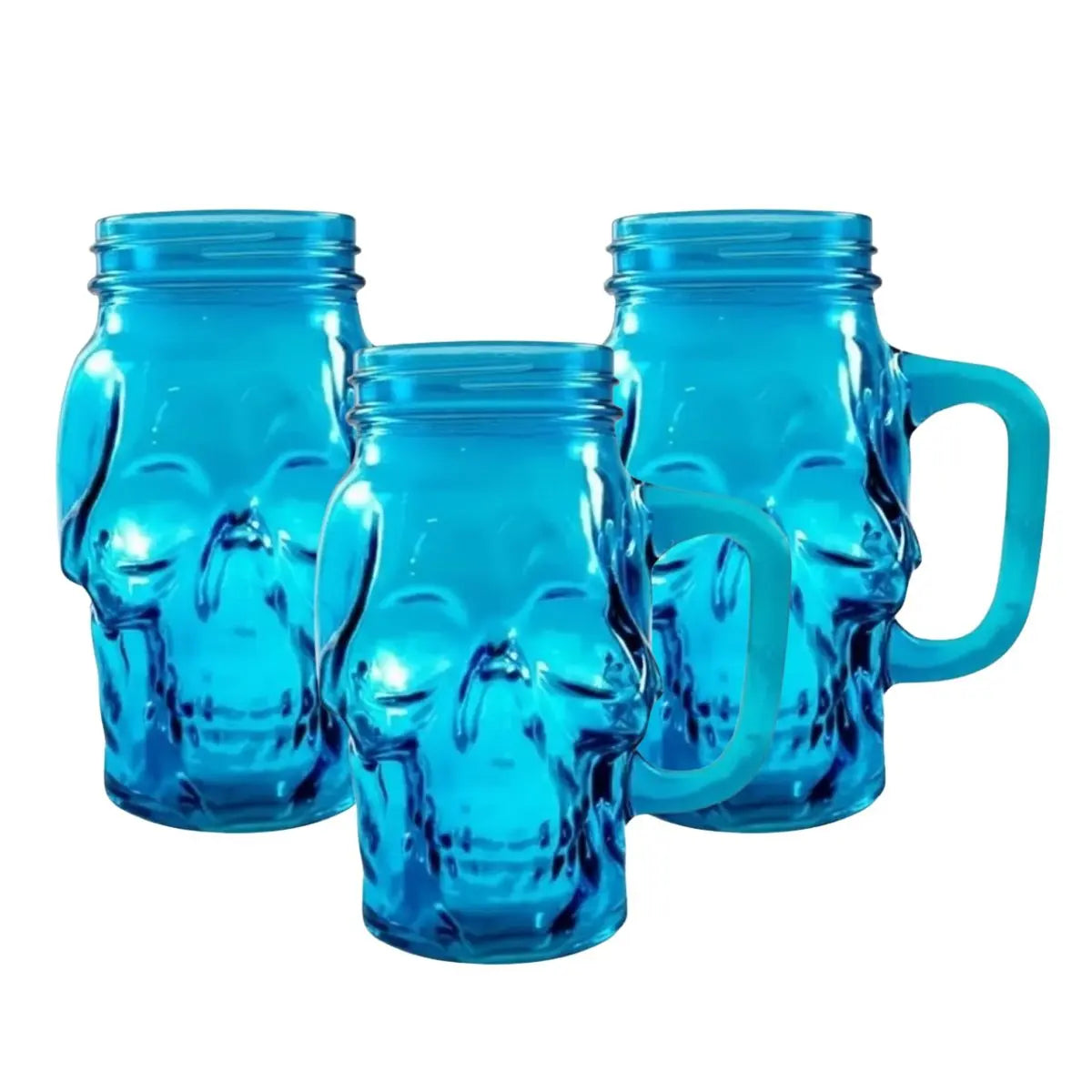 3 Mason Jar Calavera COLOR con Asa 16oz AZUL Sin Tapa Sin Popote - Coveme