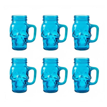 6 Mason Jar Calavera Azul Asa 16oz Sin Tapa Sin Popote