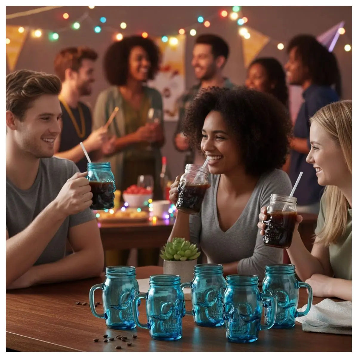 6 Mason Jar Calavera Azul Asa 16oz Sin Tapa Sin Popote