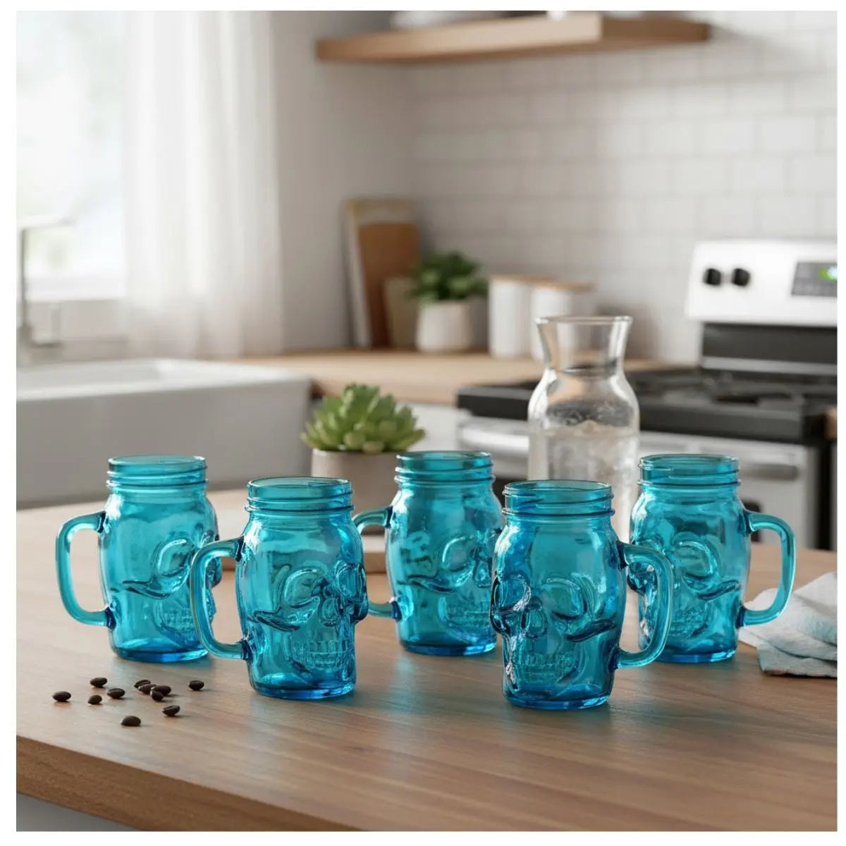 6 Mason Jar Calavera Azul Asa 16oz Sin Tapa Sin Popote
