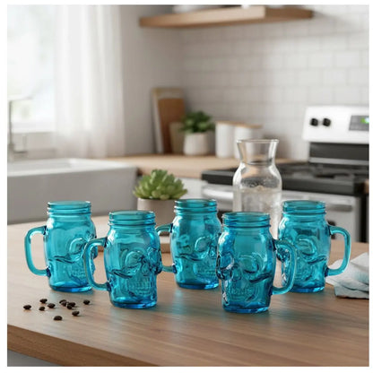 6 Mason Jar Calavera Azul Asa 16oz Sin Tapa Sin Popote
