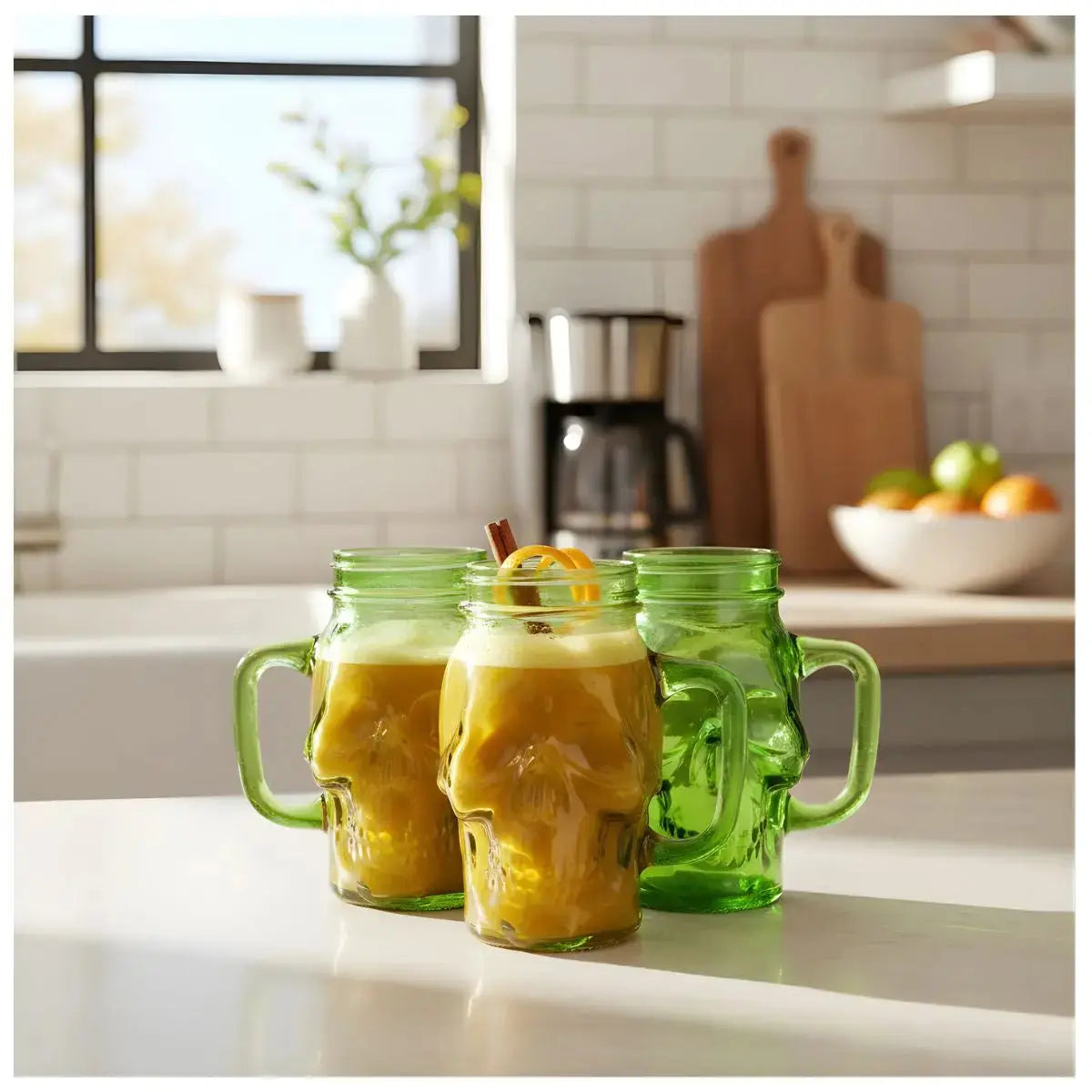 3 Mason Jar Calavera COLOR con Asa 16oz VERDE Sin Tapa Sin Popote - Drink Lab