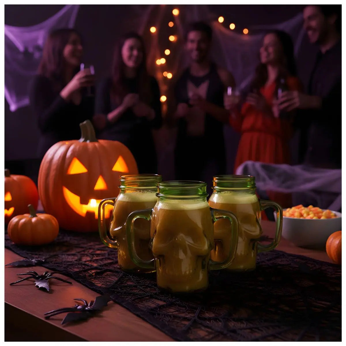 3 Mason Jar Calavera COLOR con Asa 16oz VERDE Sin Tapa Sin Popote - Drink Lab - vista lateral