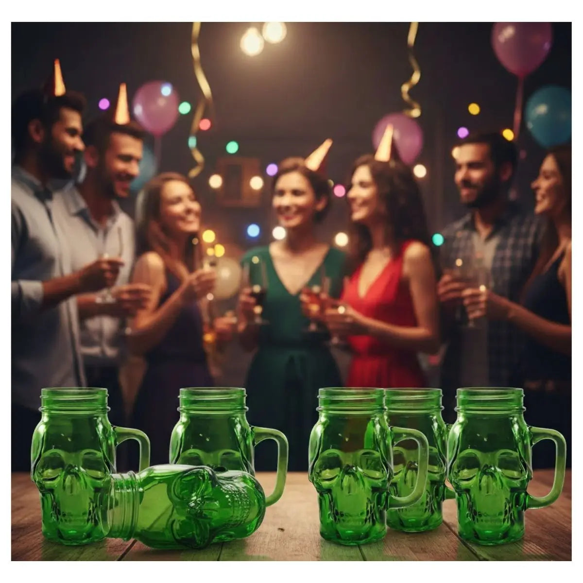 6 Mason Jar Calavera COLOR con Asa 16oz VERDE Sin Tapa Sin Popote - Coveme