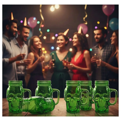 6 Mason Jar Calavera COLOR con Asa 16oz VERDE Sin Tapa Sin Popote - Coveme