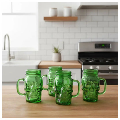 6 Mason Jar Calavera COLOR con Asa 16oz VERDE Sin Tapa Sin Popote - Coveme - vista lateral