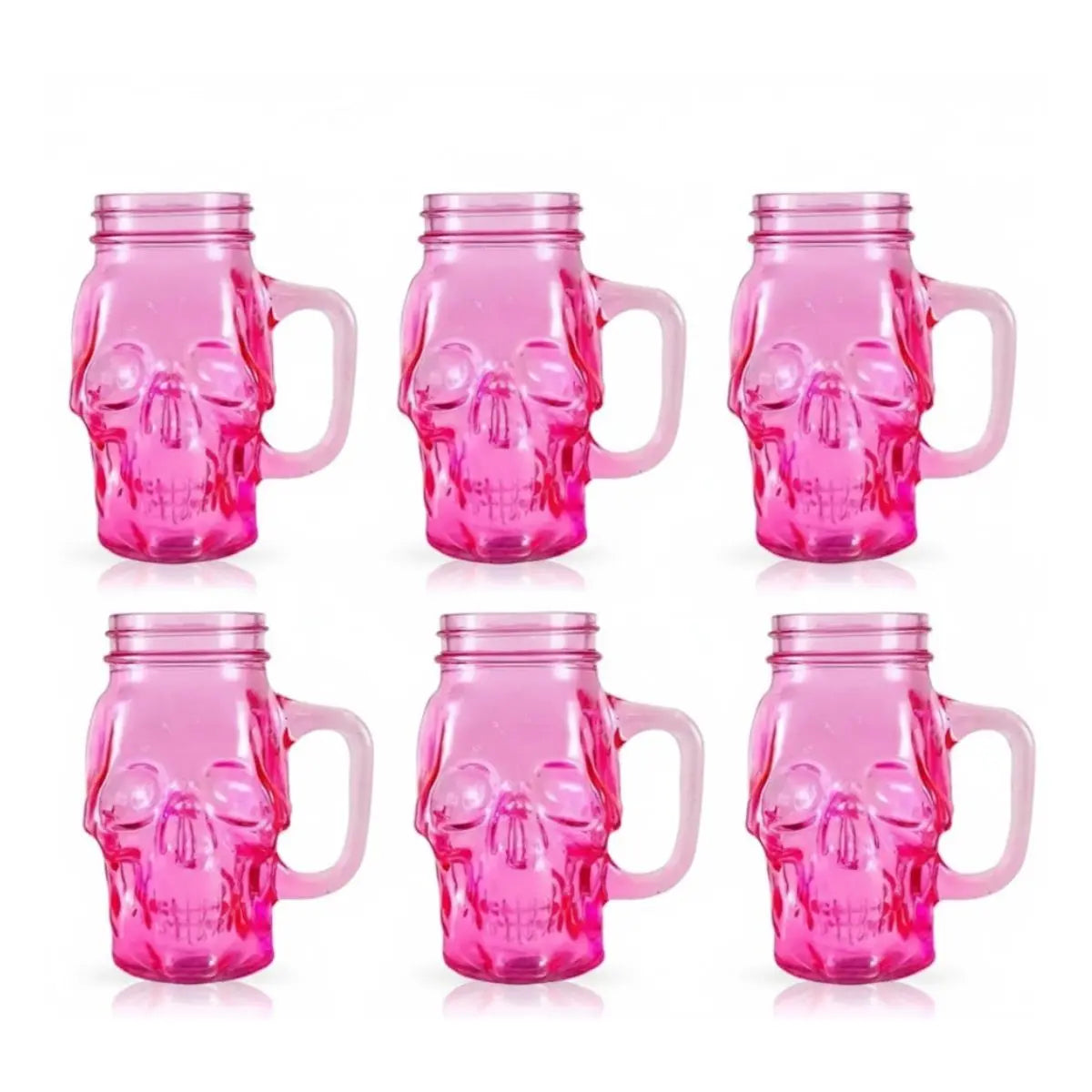 6 Mason Jar Calavera COLOR con Asa 16oz ROSA Sin Tapa Sin Popote - Coveme - detalle