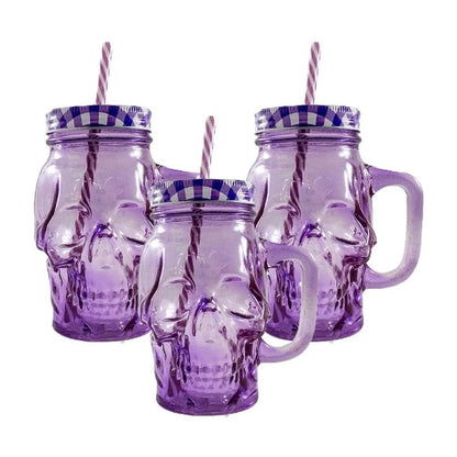 3pz Tarros Calavera Vaso Frasco Vidrio Mason Jars Cerveza Color Morado