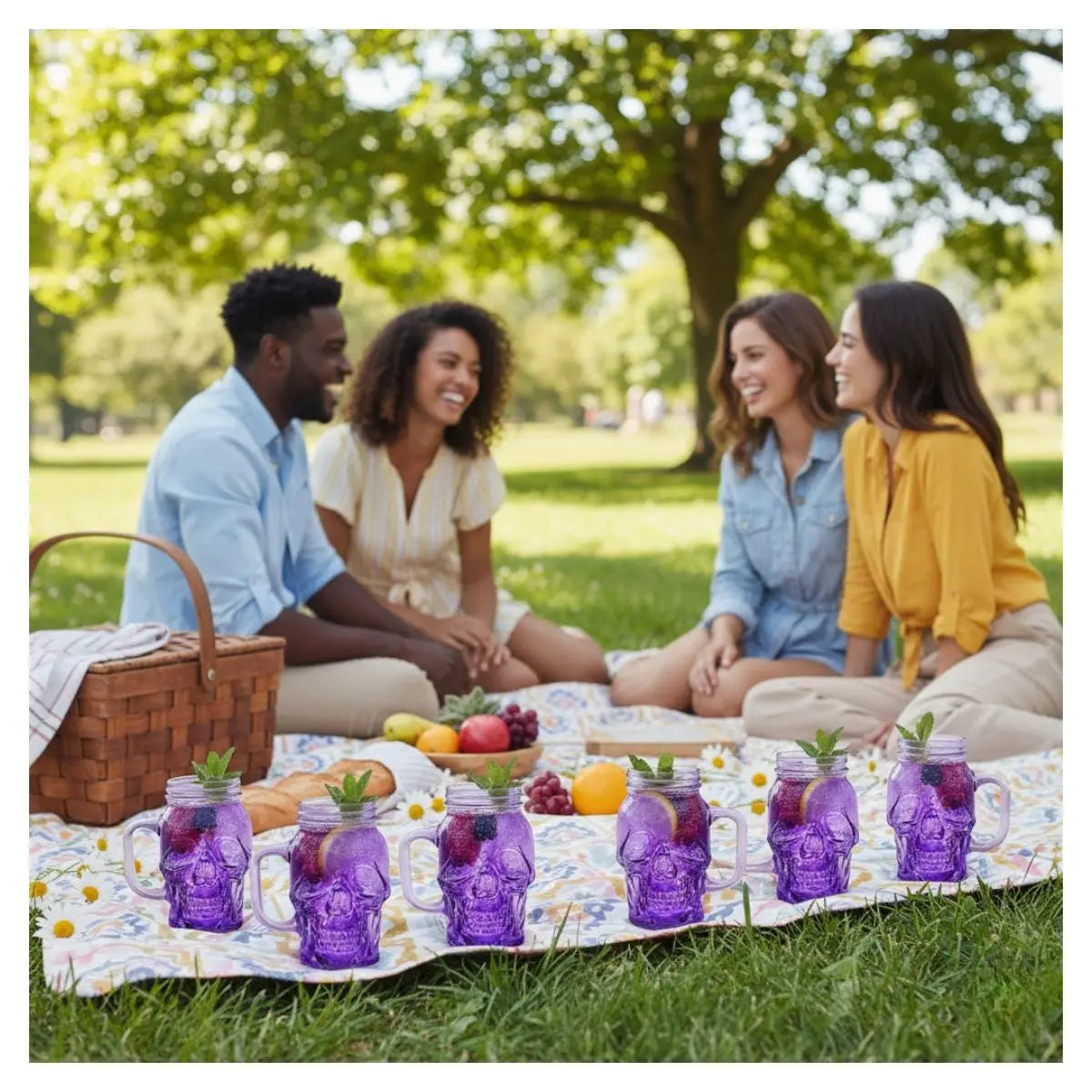 6 Mason Jar Calavera COLOR con Asa 16oz MORADO Sin Tapa Sin Popote - Drink Lab