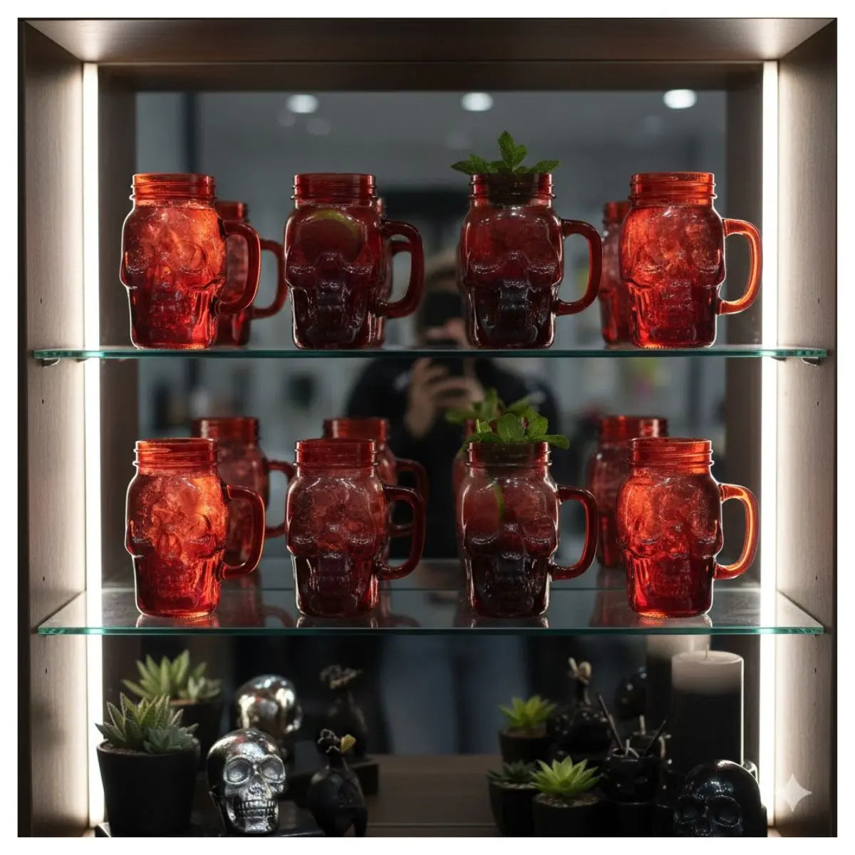 6 Mason Jar Calavera Rojo Asa 16oz Sin Tapa Sin Popote