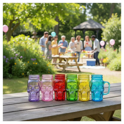 6pz Mason Jar Calavera de 16oz COLORES SURTIDOS Sin Tapa Sin Popote - Coveme