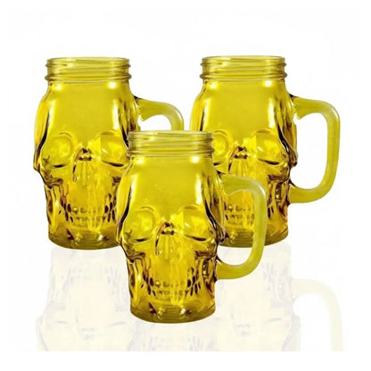 3 Mason Jar Calavera Amarillo Asa 16oz Sin Tapa Sin Popote