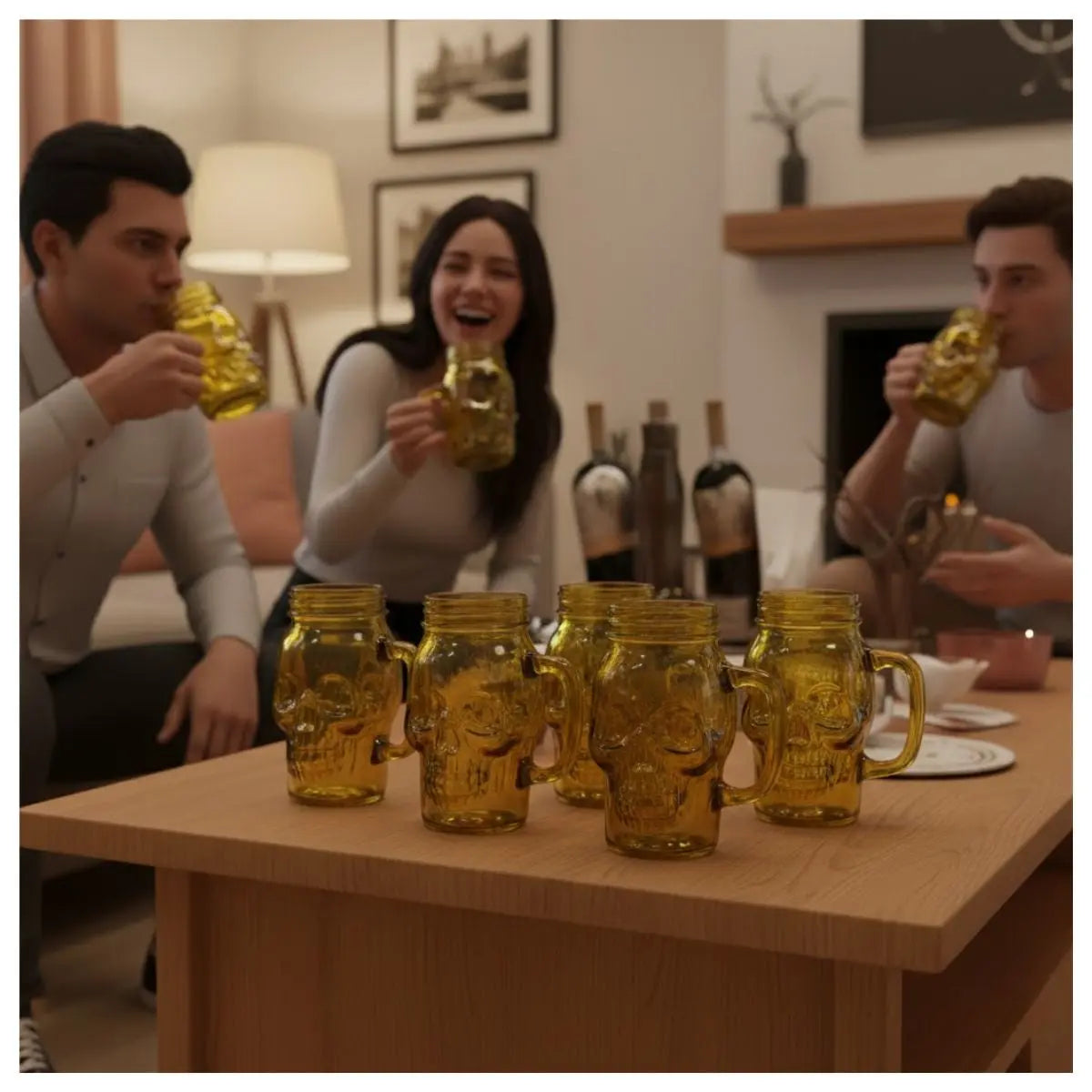 6 Mason Jar Calavera COLOR con Asa 16oz AMARILLO Sin Tapa Sin Popote - Drink Lab