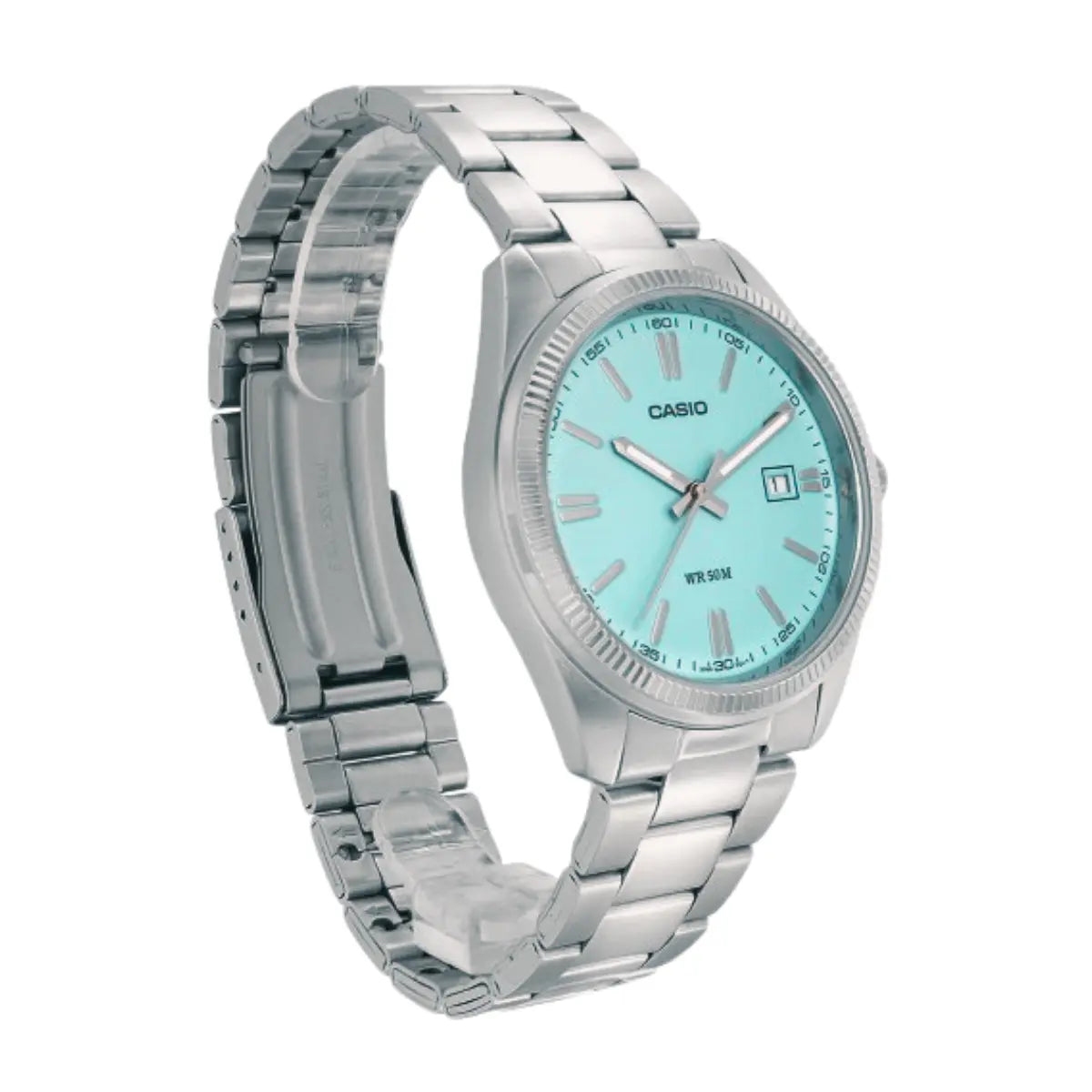 Reloj Casio Mtp 1302pec 2av Azul Cuadricula Acero Fechador Correa Plateado Bisel Plateado Fondo Azul Claro - Casio - detalle