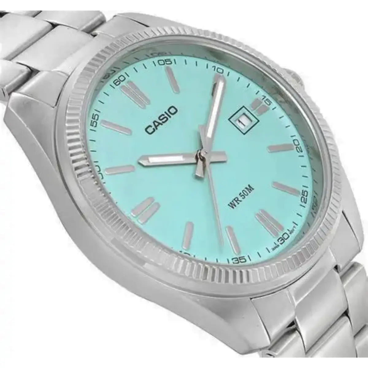 Reloj Casio Mtp 1302pec 2av Azul Cuadricula Acero Fechador Correa Plateado Bisel Plateado Fondo Azul Claro - Casio