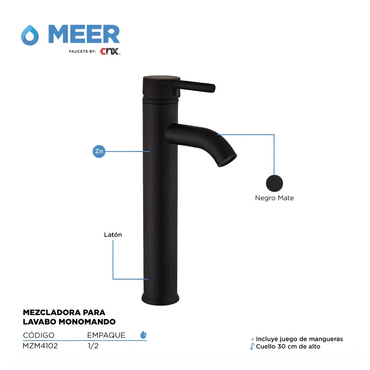 Mezcladora Monomando Lavabo Meer Laton Negro Mate 6PZ - CNX - vista lateral
