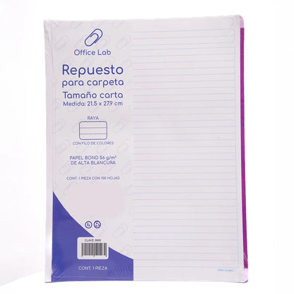 100 Hojas Repuesto Carpeta Office Lab Carta Rayada Escolar - Office Lab