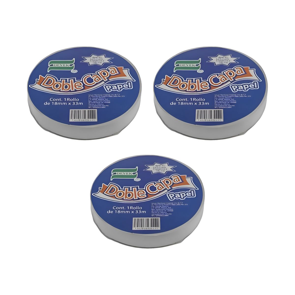 Pack 3 Cinta Adhesiva Doble Cara Devek 18 Mm X 33 M Color Blanco