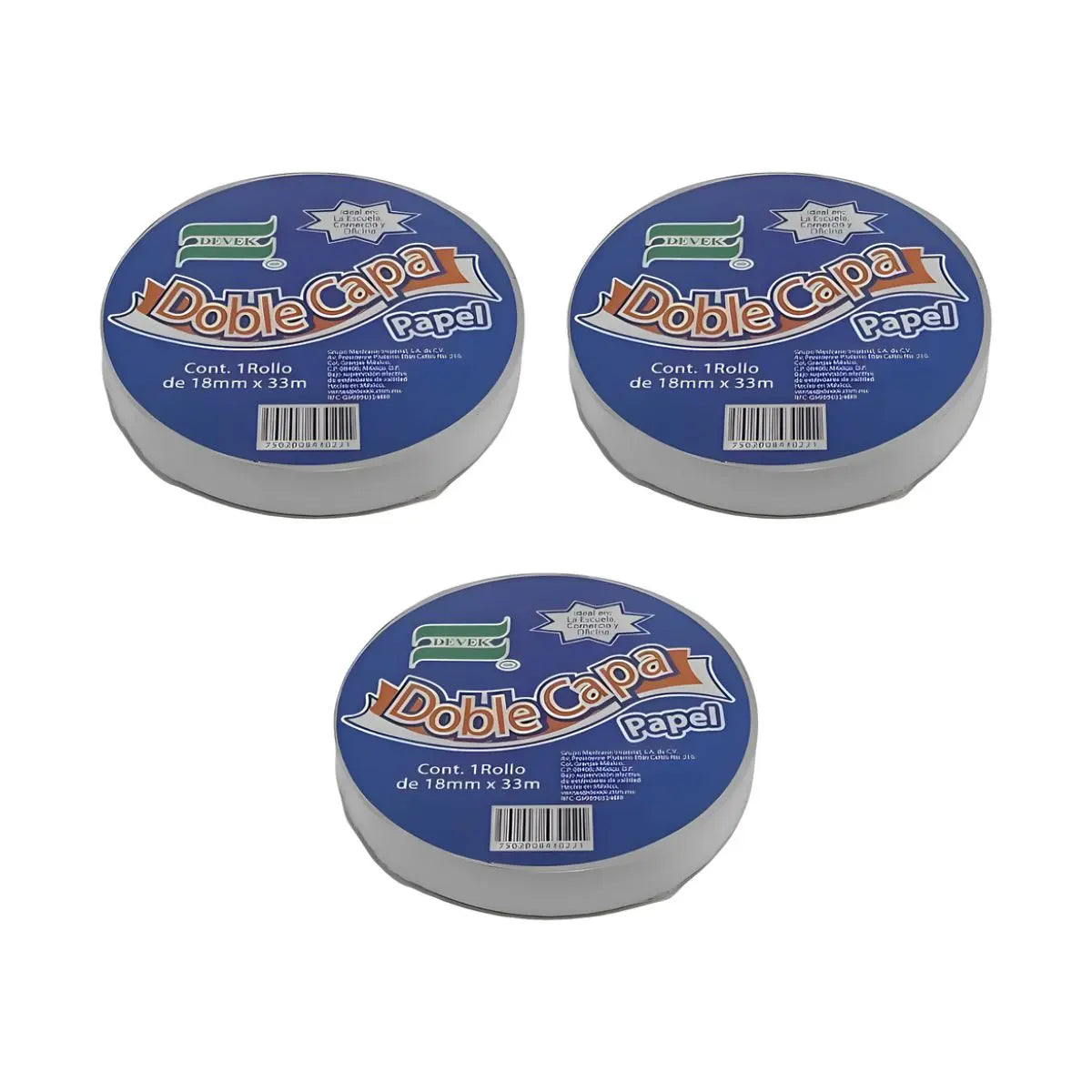 Pack 3 Cinta Adhesiva Doble Cara Devek 18 Mm X 33 M Color Blanco - Devek