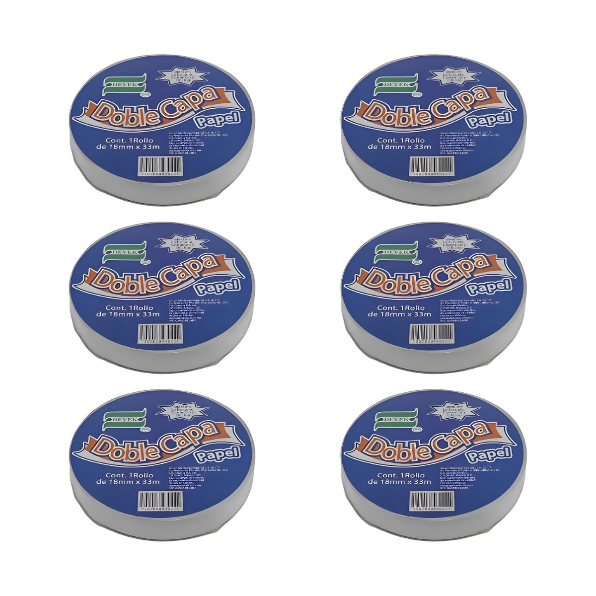 Pack 6 Cinta Adhesiva Doble Cara Devek 18 Mm X 33 M Color Blanco