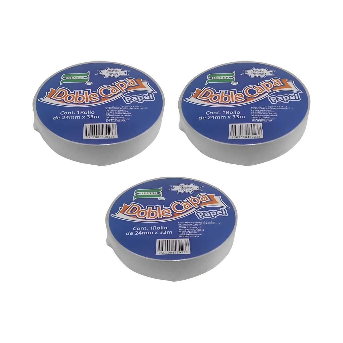Pack 3 Cinta Adhesiva Doble Cara Papel Devek 24mm X 33m Color Blanco