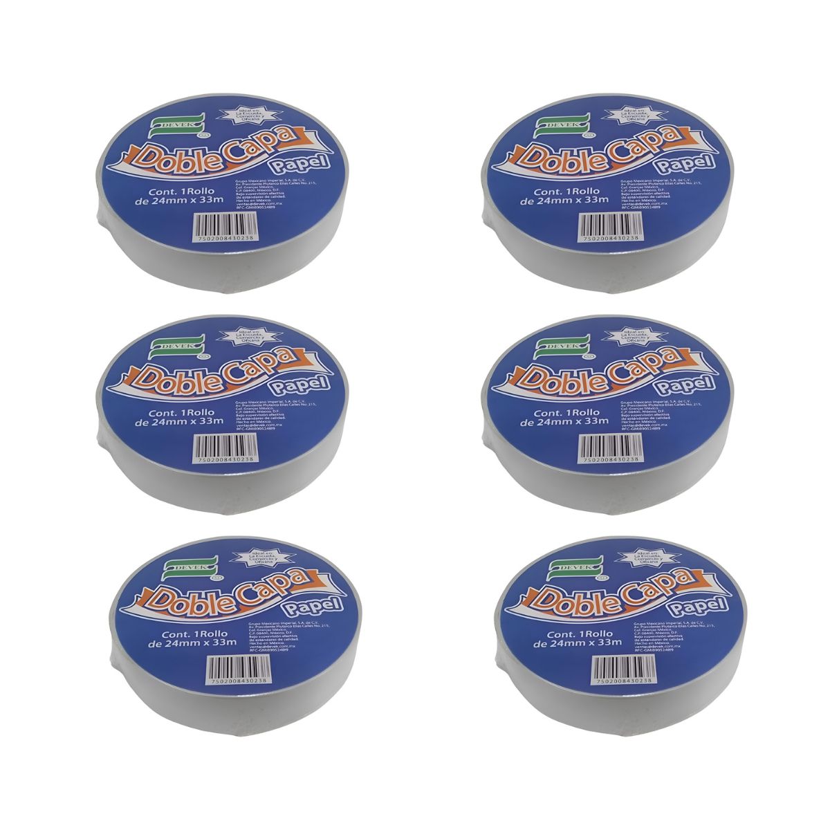 Pack 6 Cinta Adhesiva Doble Cara Papel Devek 24mm X 33m Color Blanco