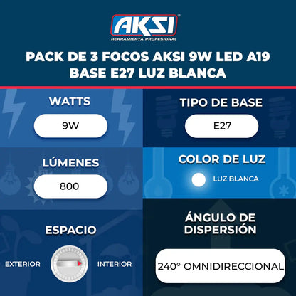 Paquete de 3 Focos LED Aksi A19 Luz Blanca 9W - Marchante MX