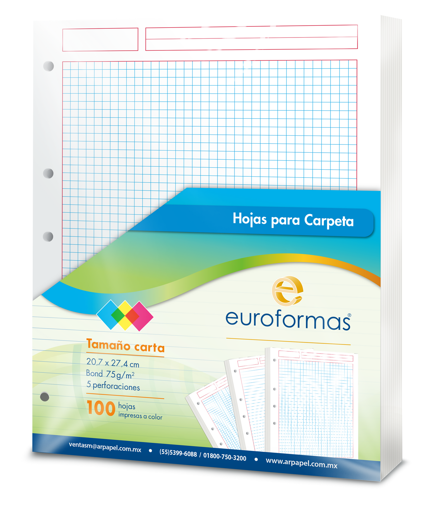 100 Hojas Carpeta Repuesto Euroformas Tamaño Carta 75g Cuadro Chico