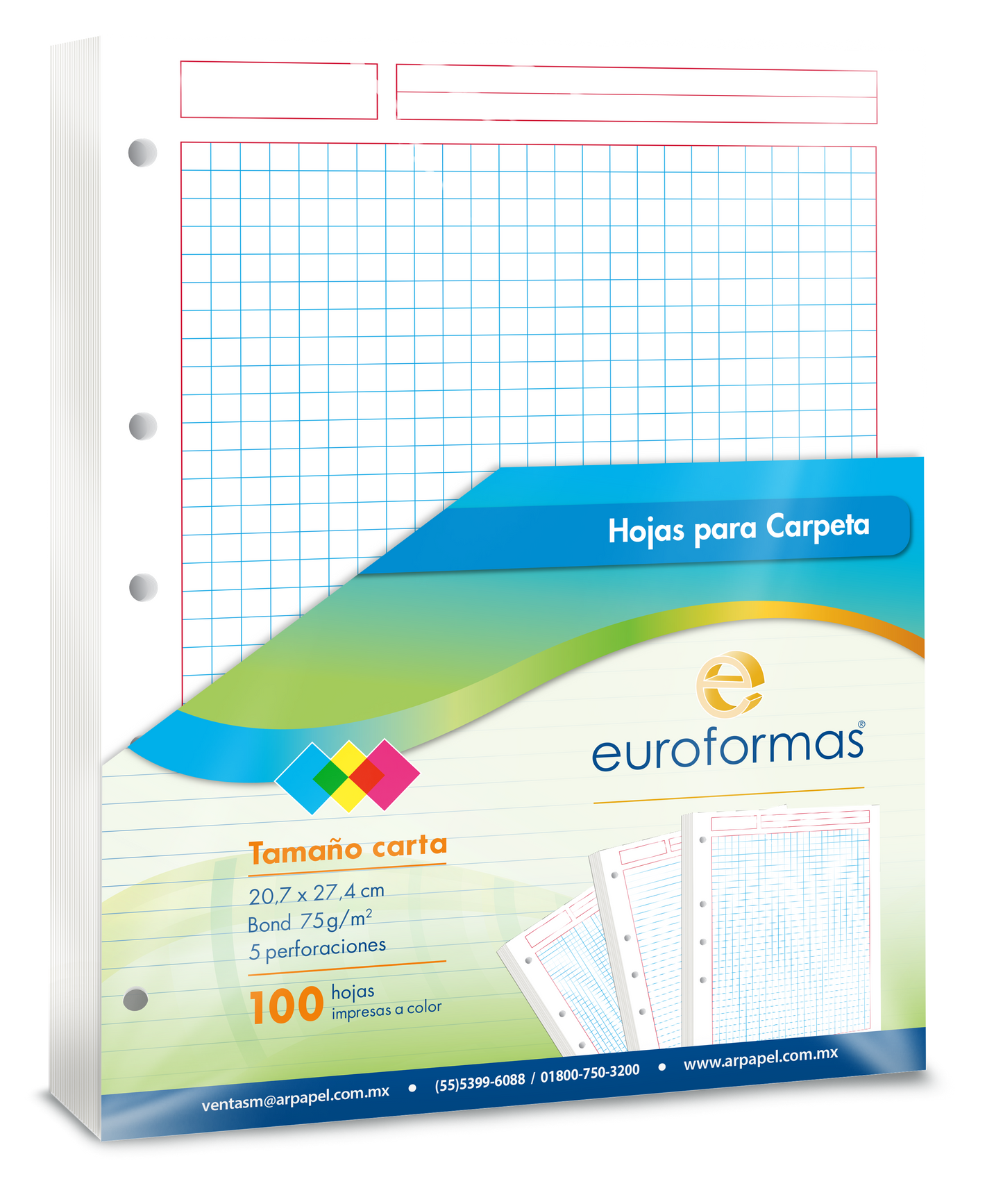 100 Hojas Carpeta Repuesto Euroformas Tamaño Carta 75g Cuadro Grande