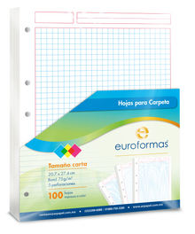 100 Hojas Carpeta Repuesto Euroformas Tamaño Carta 75g Cuadro Grande