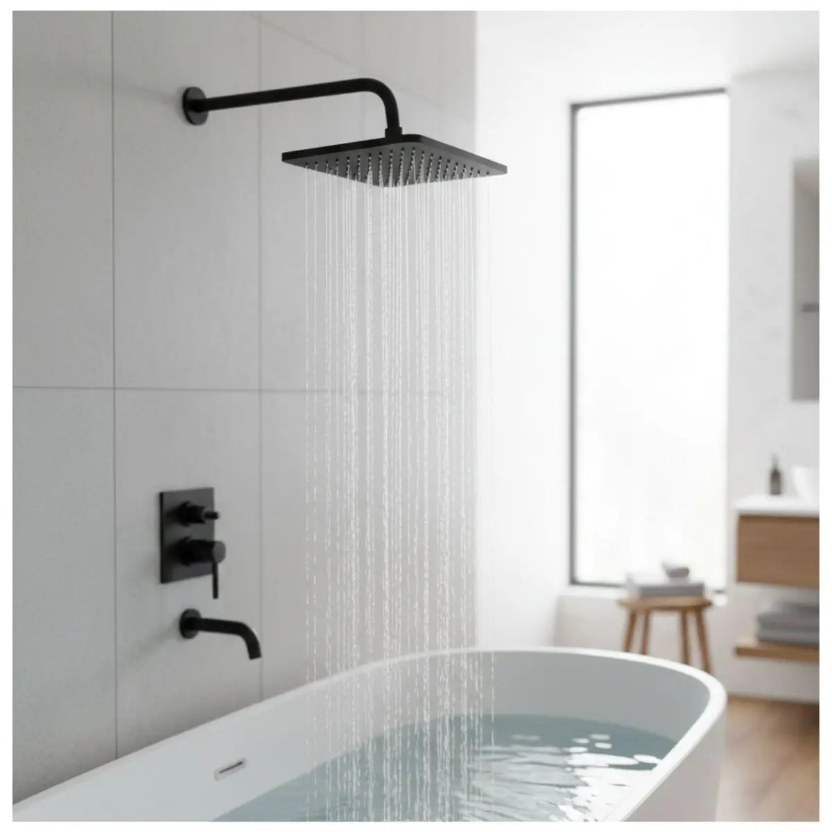 Regadera Cuadrada 8” Meer Tubo 40 cm Sistema Anti-Sarro Negro Mate MASTER 20PZ - CNX - detalle