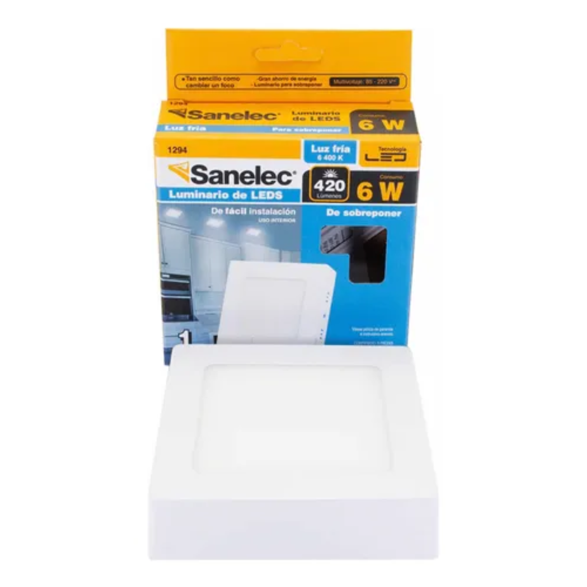 Lampara Cuadrada Sobreponer Sanelec 6w Luz Fria 1294 Blanco
