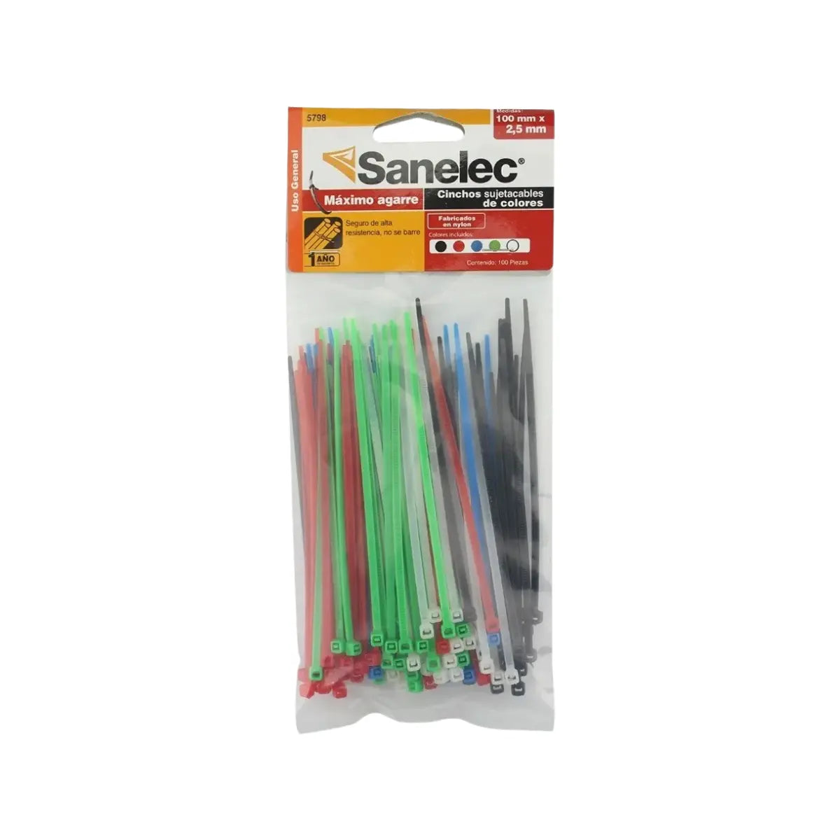 Cinchos Plásticos 2.5 x 100 mm Neón Varios Colores 100 Pzs - Sanelec - detalle