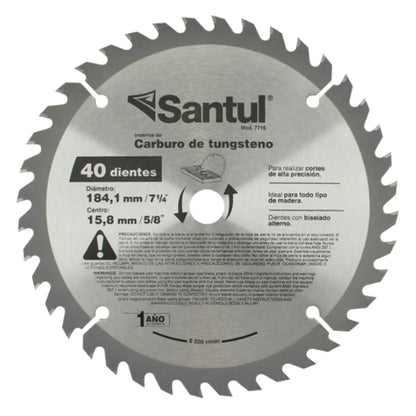 Disco de corte Sierra Circular P/Madera 40 Dientes, 7 1/4 Santul 7716 Santul
