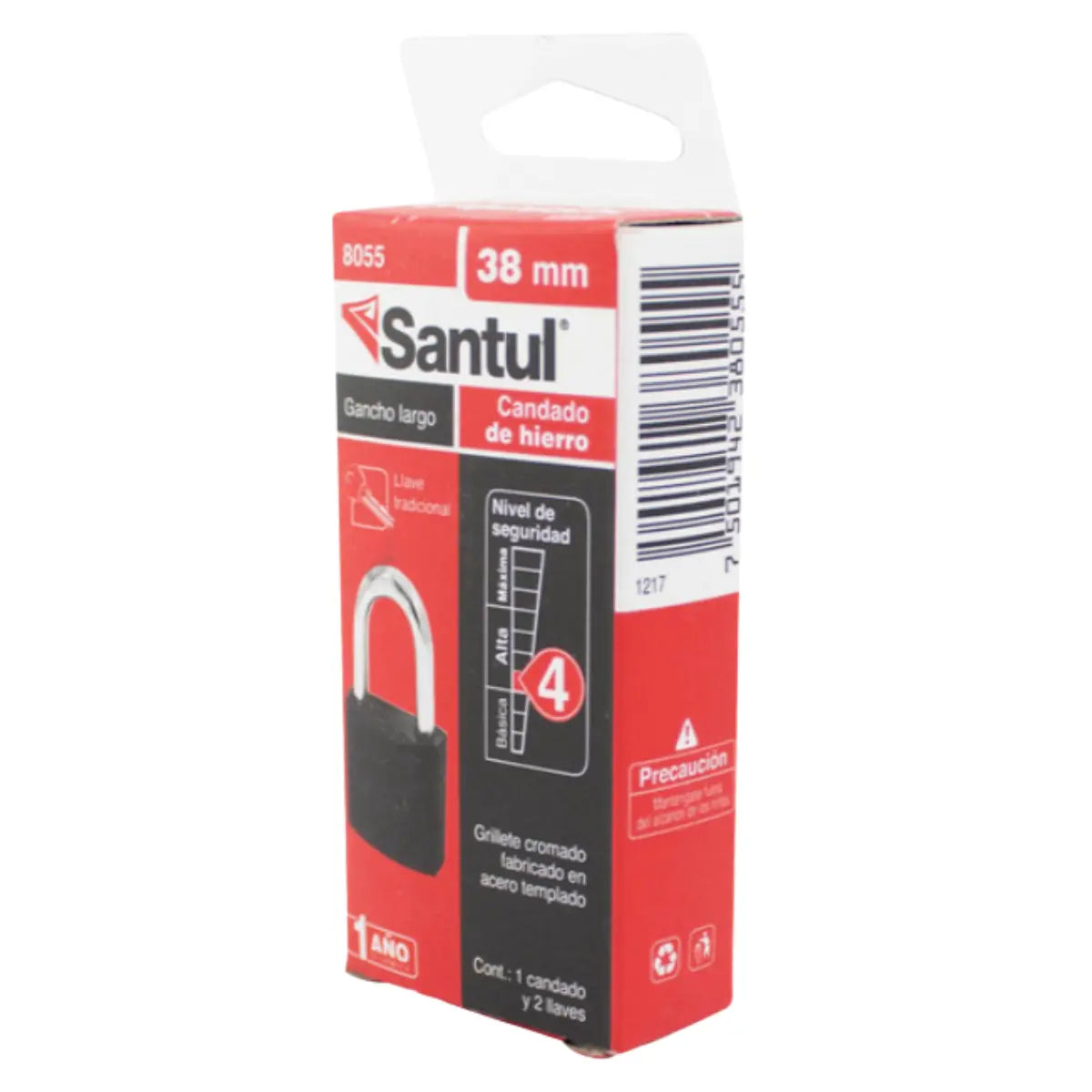 Candado Cuerpo de Hierro 38mm Llave Tradicional Gancho Largo Santul 8055 - Santul - vista lateral
