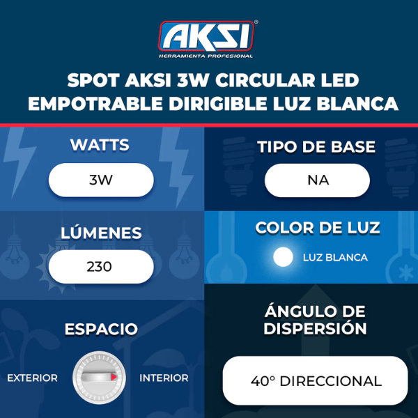 Luminario Empotrable Dirigible Aksi Led Redondo 3w